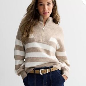 Draper James Brown & White Wool Blend Quarter Zip Pullover Sweater Medium